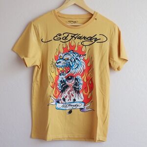 Ed Hardy Graphic T-Shirt Tiger Flames Don Ed Hardy Designs Men's Size S